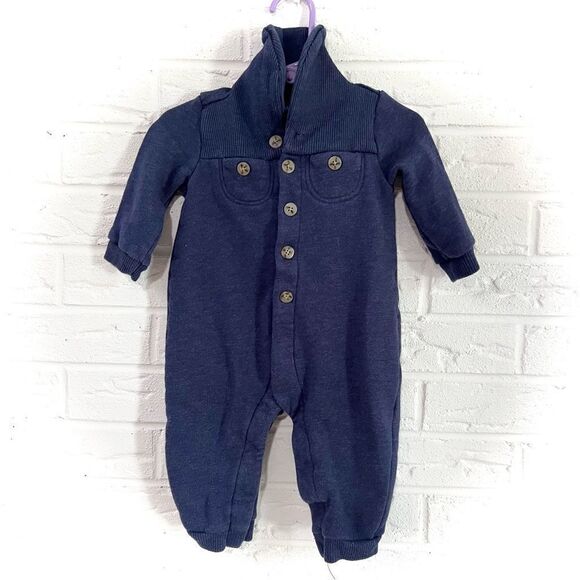 🚨4/$25 Baby Gap Navy One-Piece Button Collared Romper Size 6-12 Months - Picture 1 of 4